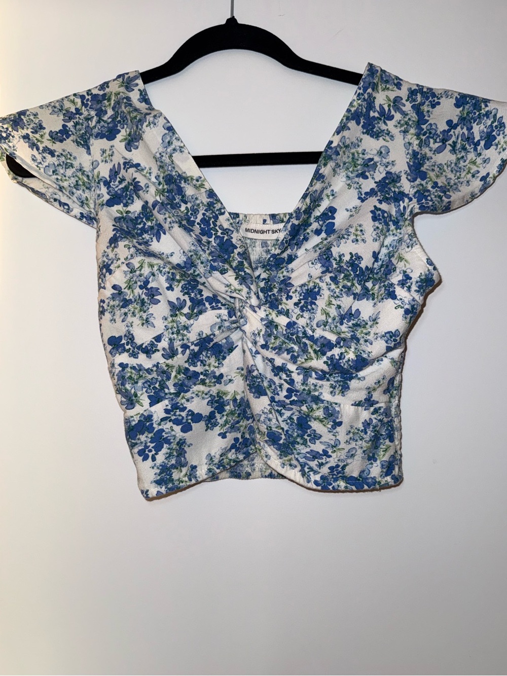 🌊 Cotton/Linen Blend Blue Floral Twist-Front Crop Top